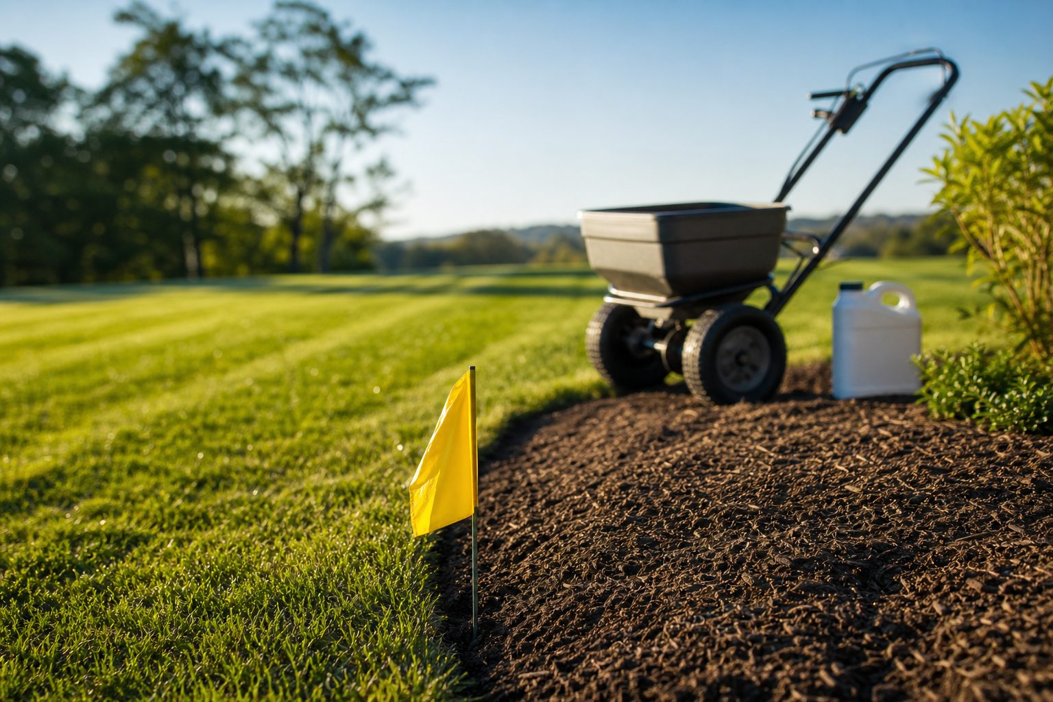 Lawn marker flag at the edge of a treated striped lawn with a broadcast spreader and mulch bed behind it