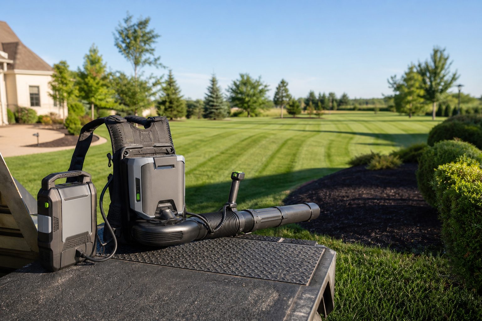Battery backpack blower and charger bank on a trailer ramp beside a striped suburban lawn in morning light