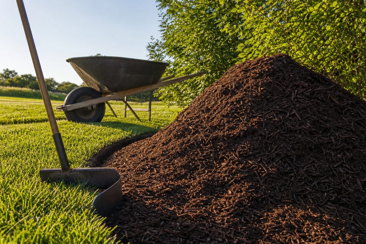 Pile of dark shredded mulch and a wheelbarrow beside a curved bed edge cut into a green lawn