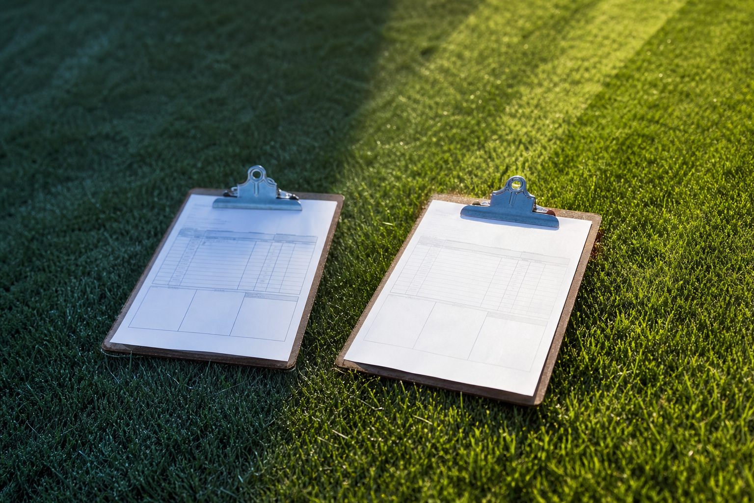 Two invoices on clipboards side by side on a striped green lawn, one in morning shade and one in bright sun