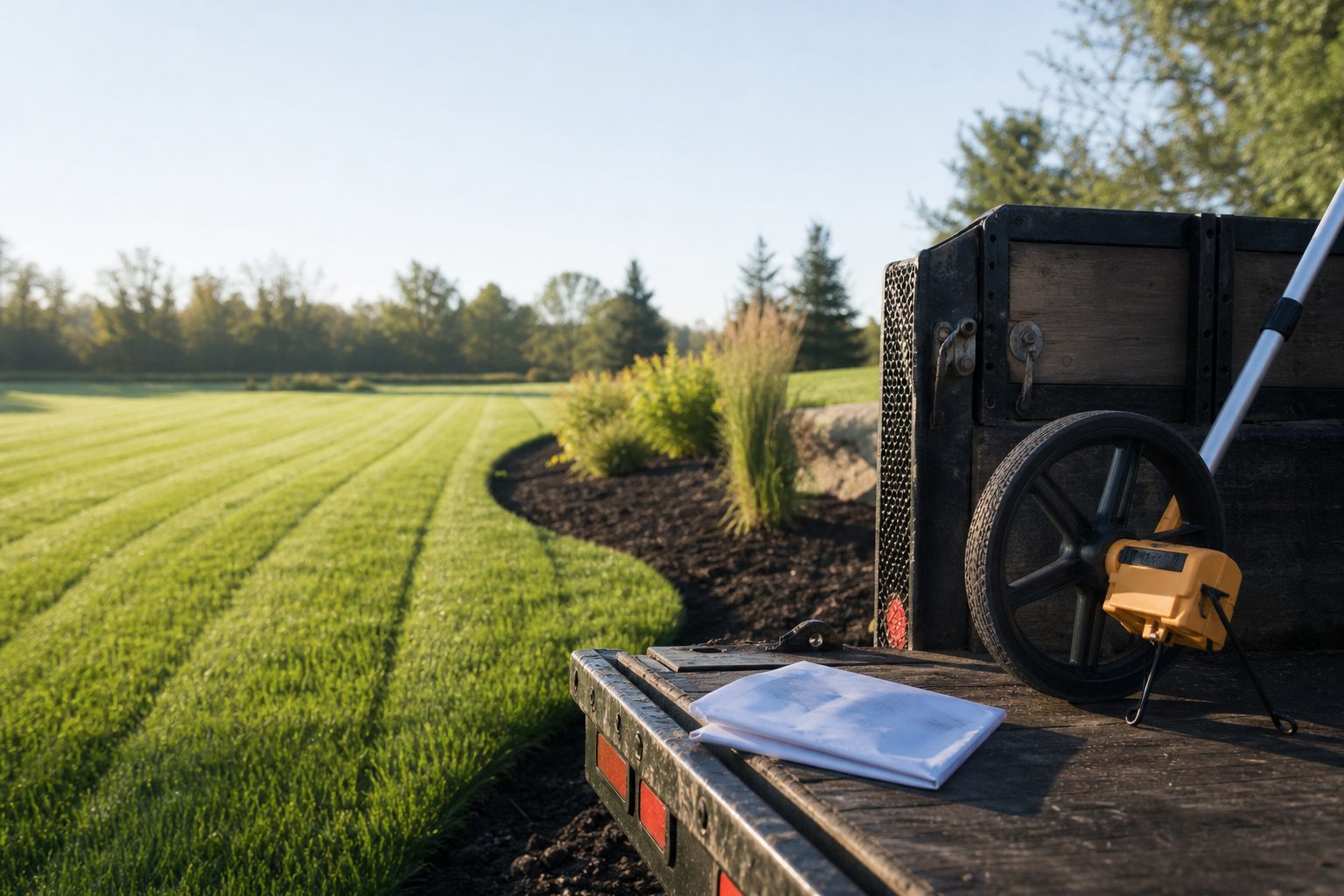 Season service agreement and a measuring wheel on a trailer tailgate beside a freshly striped lawn at sunrise