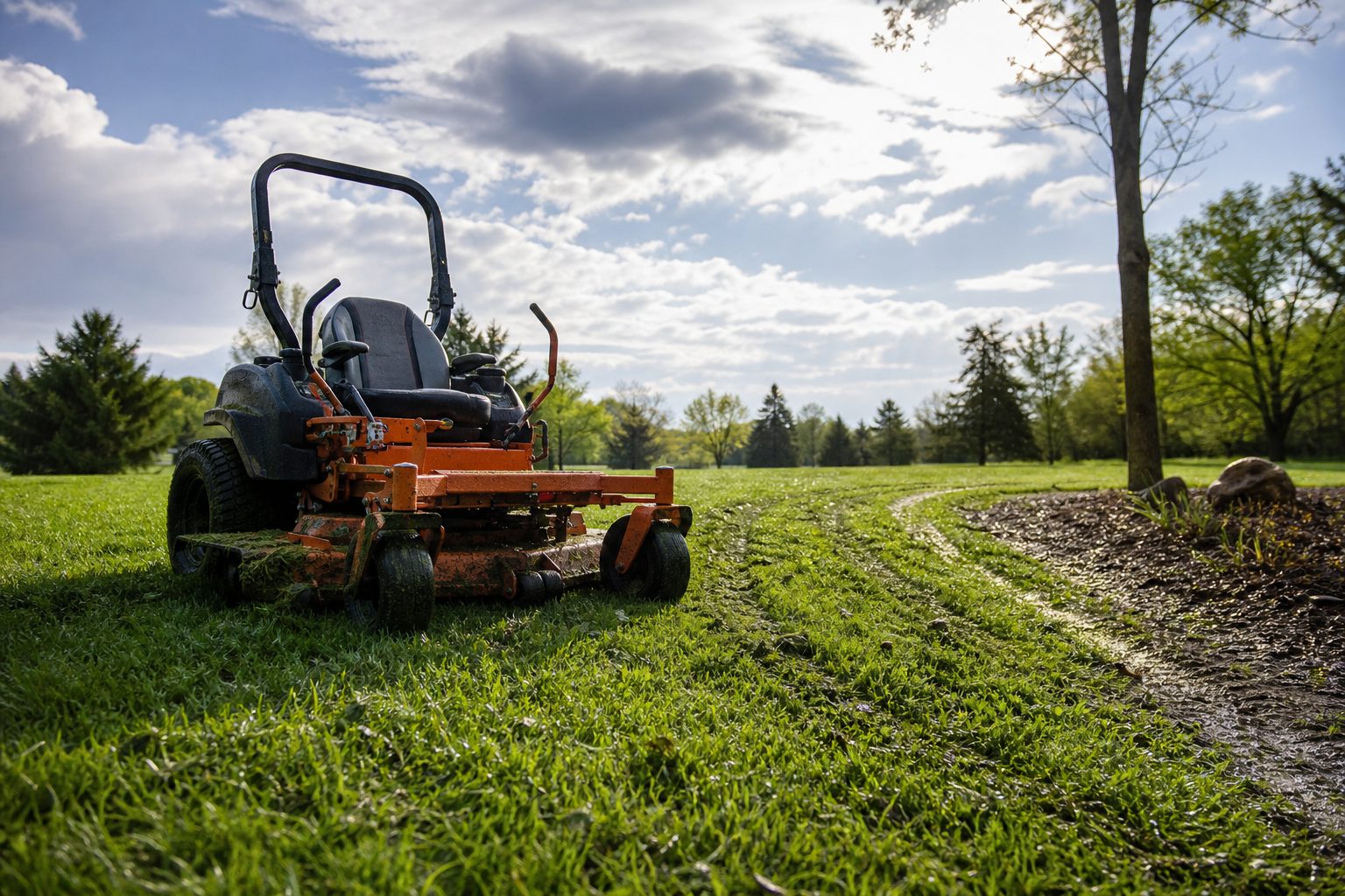 Zero turn mower on wet grass after rain with clumped clippings and curving tire tracks under breaking clouds