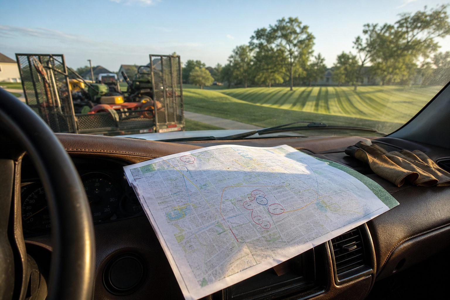 Marked up neighborhood route map on a pickup dashboard at sunrise with a loaded mowing trailer ahead