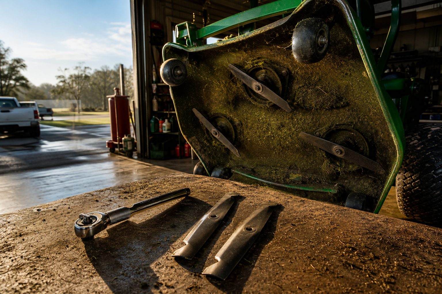 Sharpened mower blades and tools on a workbench in a landscaping shop bay at dawn with a raised mower deck