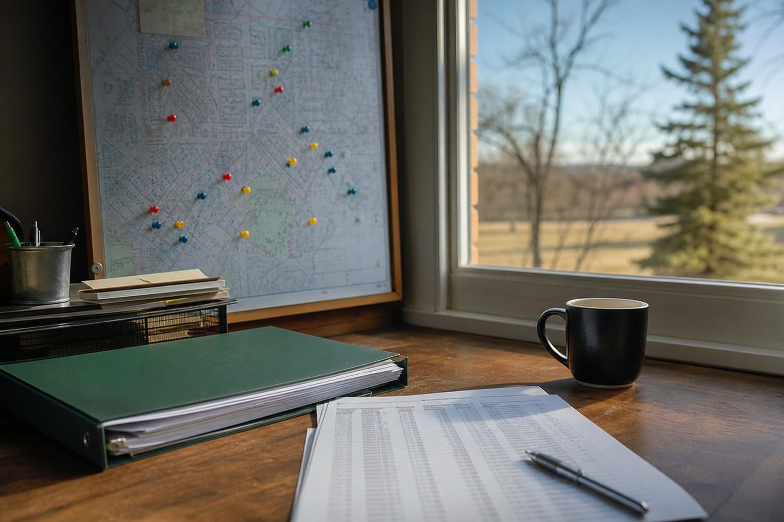 Landscaper's winter desk with a printed customer list and pinned map beside a window over a dormant lawn