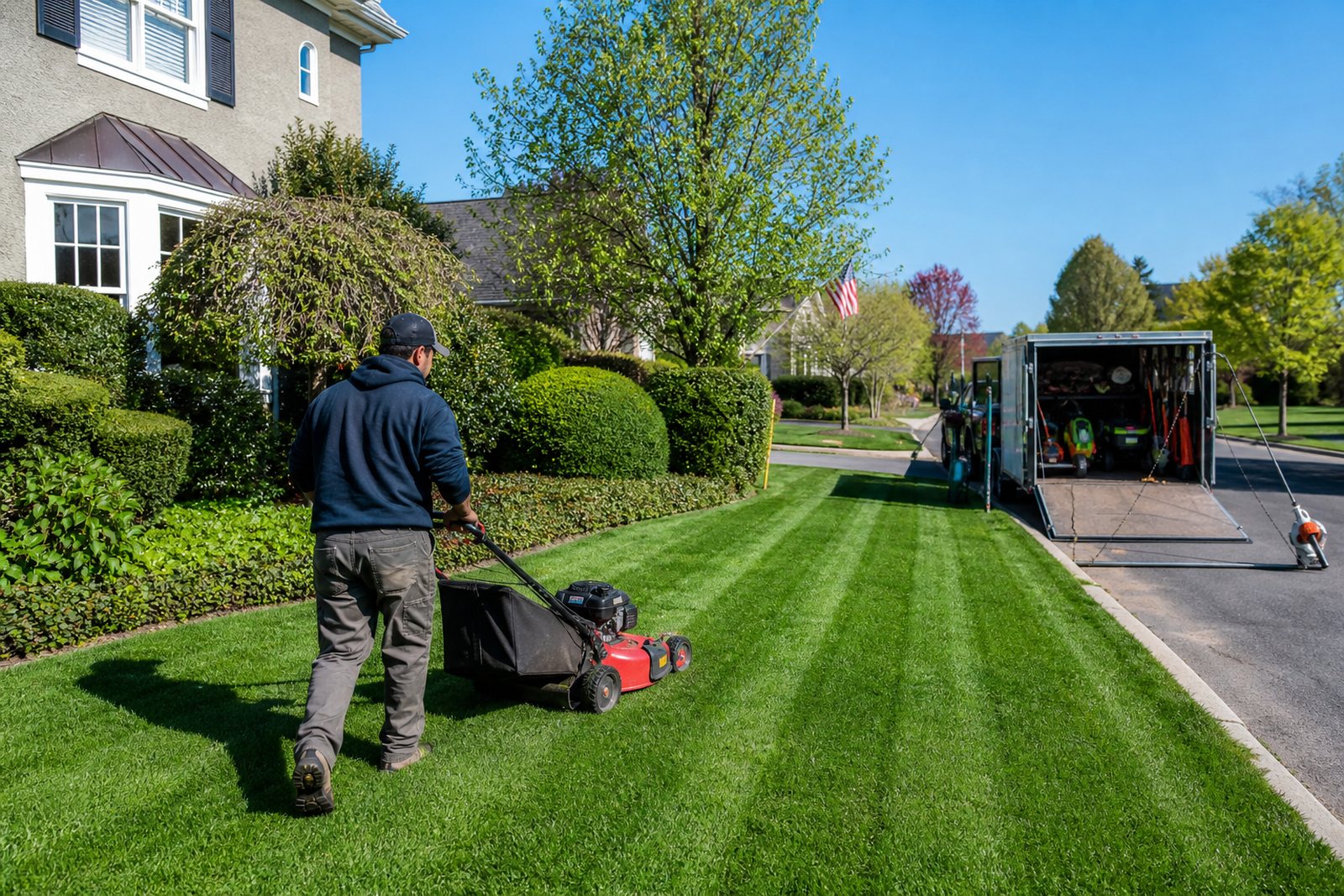 A landscaper mowing a suburban front lawn into clean stripes on a bright spring morning with a loaded equipment trailer at the curb