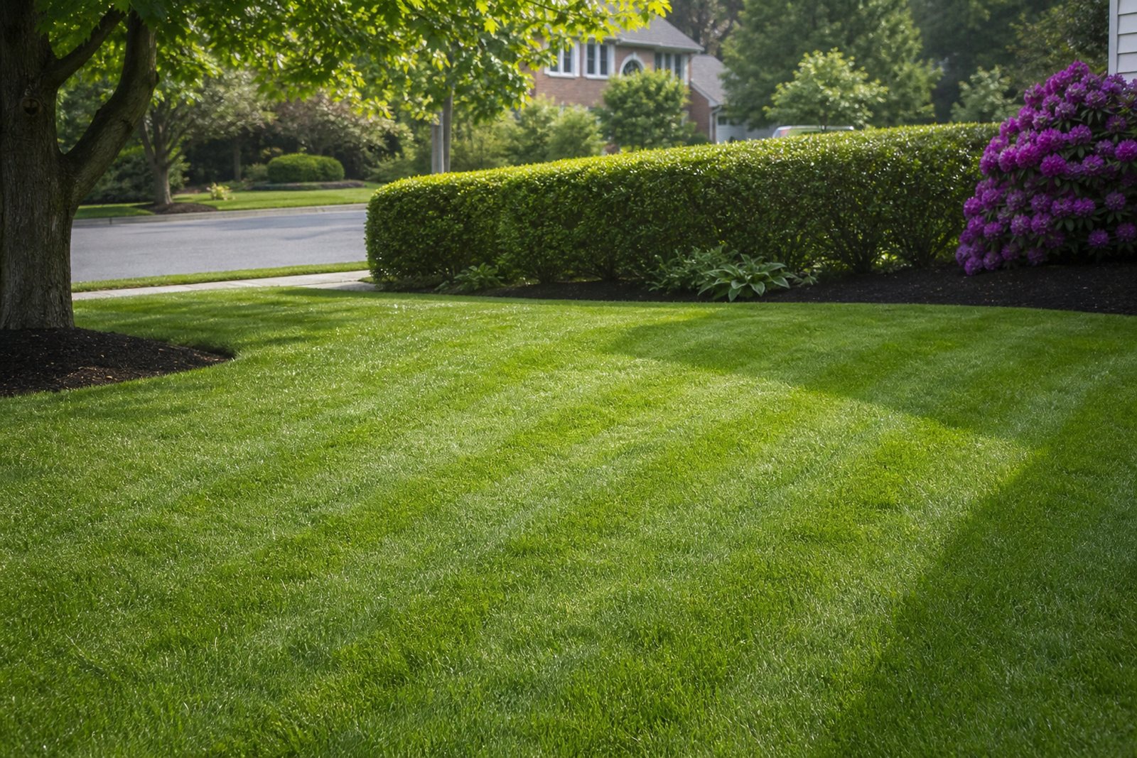 A freshly mowed suburban lawn showing crisp diagonal mowing stripes and morning dew in bright spring light